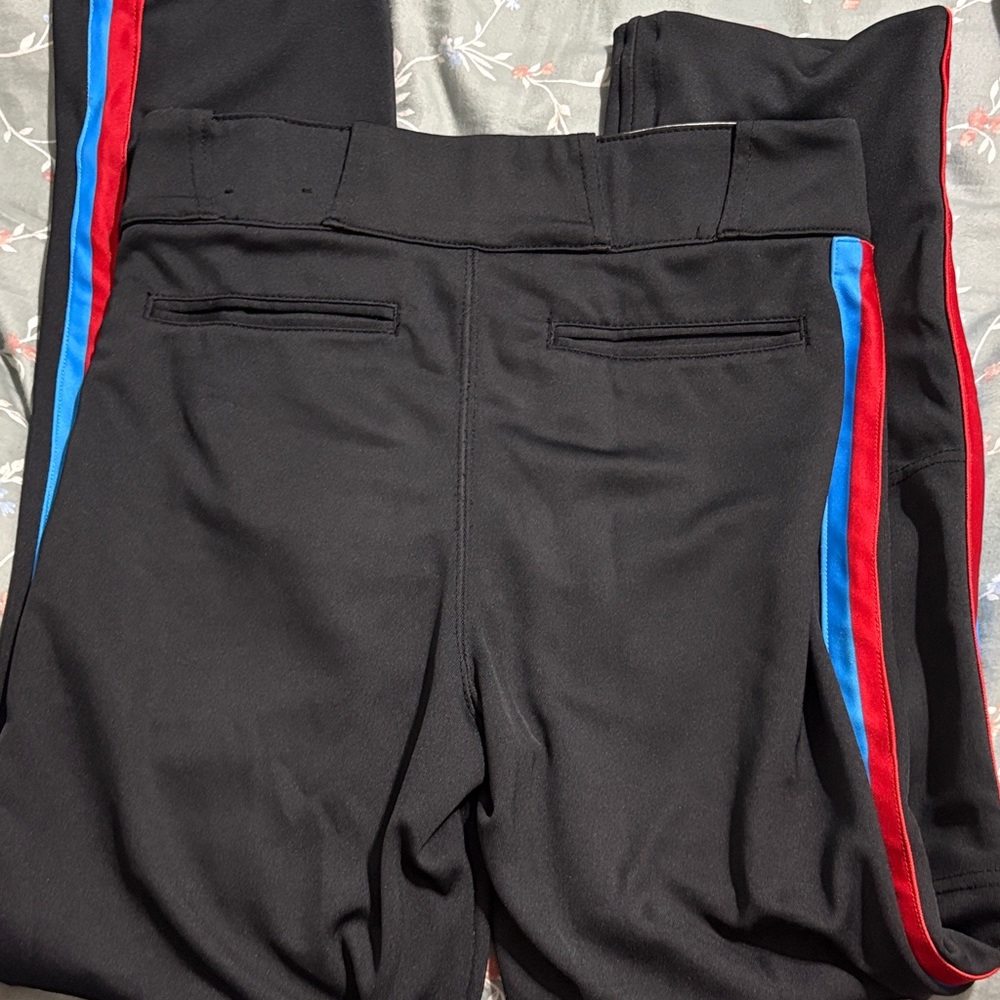 Kids Black Full length baseball pants with Red & Blue Side Stripes - Picture 4 of 4